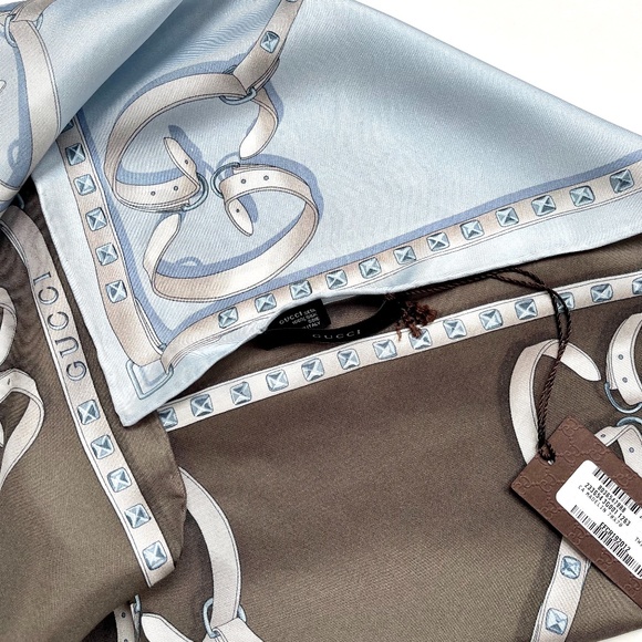 Gucci Logo Chains Color-Block Brown Blue GG Silk Scarf - Picture 9 of 13